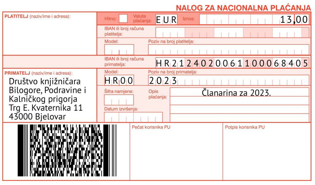 Uplatnica za članarinu za 2023. godinu